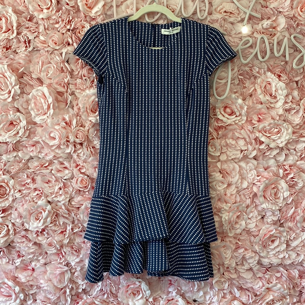 Amanda Uprichard Degraw polkadot mini blue dress! Size Small